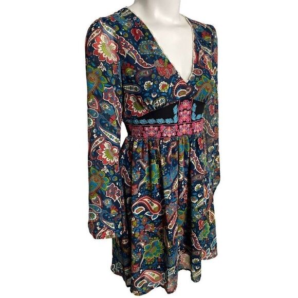 Flying‎ Tomato Blue Paisley Print Embroidered V Neck Long Sleeve Dress Sz Small - Picture 3 of 9